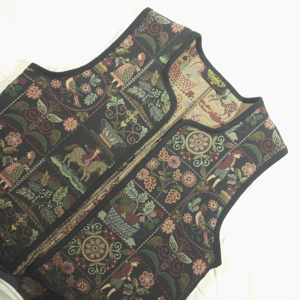 Vitabella of Norway Sz M‎ Unusual Art Tapestry Long Open Vest Waistcoat Jacket